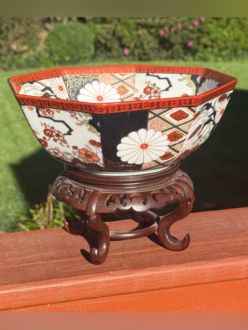 Japanese Imari Octagonal Bowl 8 1/2” with Carved Hardwood Stand